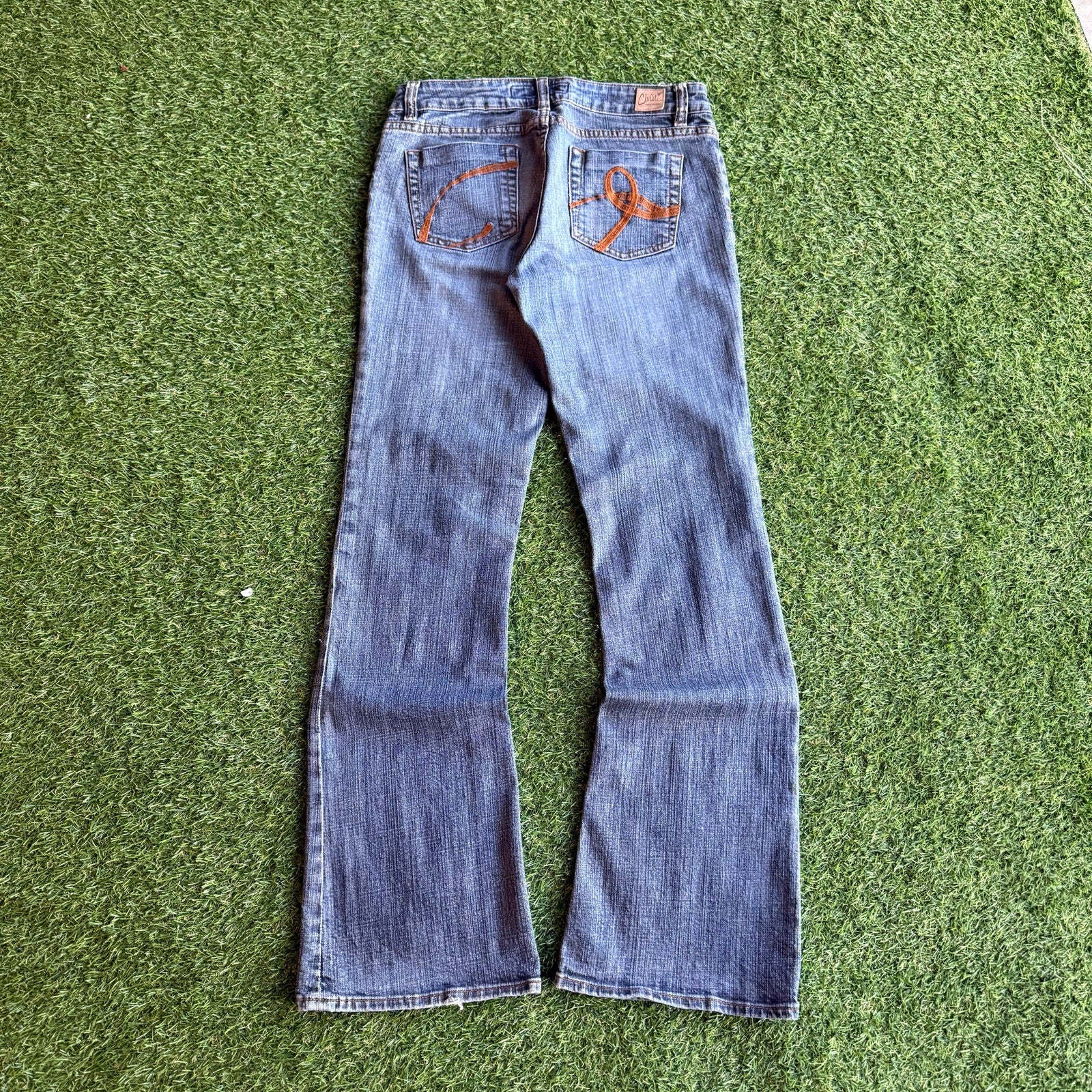 Y2K WOMENS DESIGNED FLARE DENIM JEANS 9 30 x 32