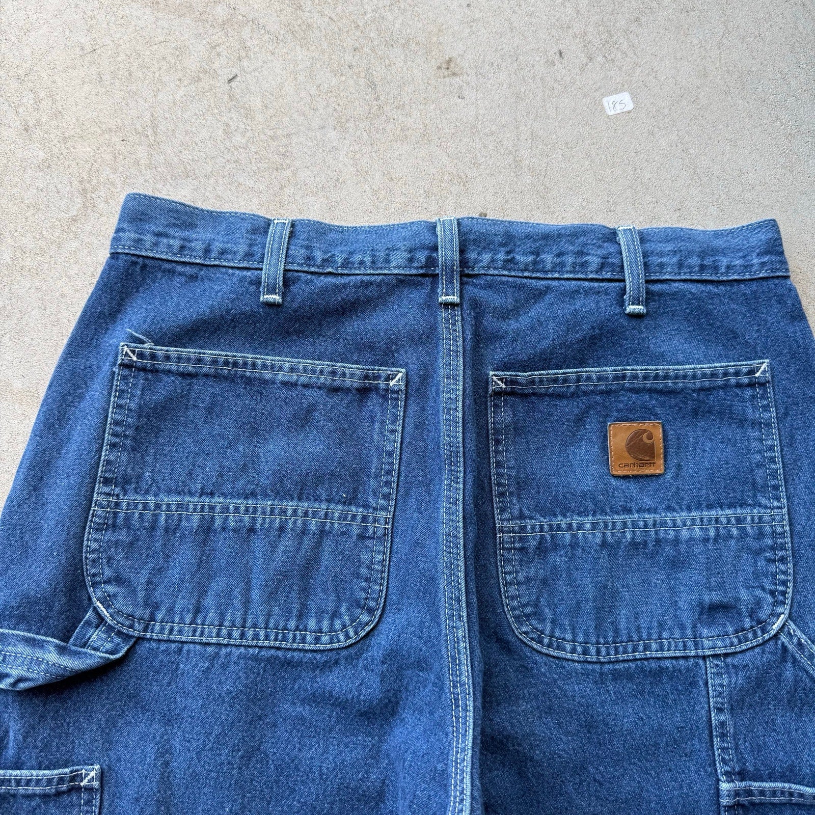 Y2K Mens Leather Patch Carhartt Carpenter Baggy Blue Distressed Jorts 33