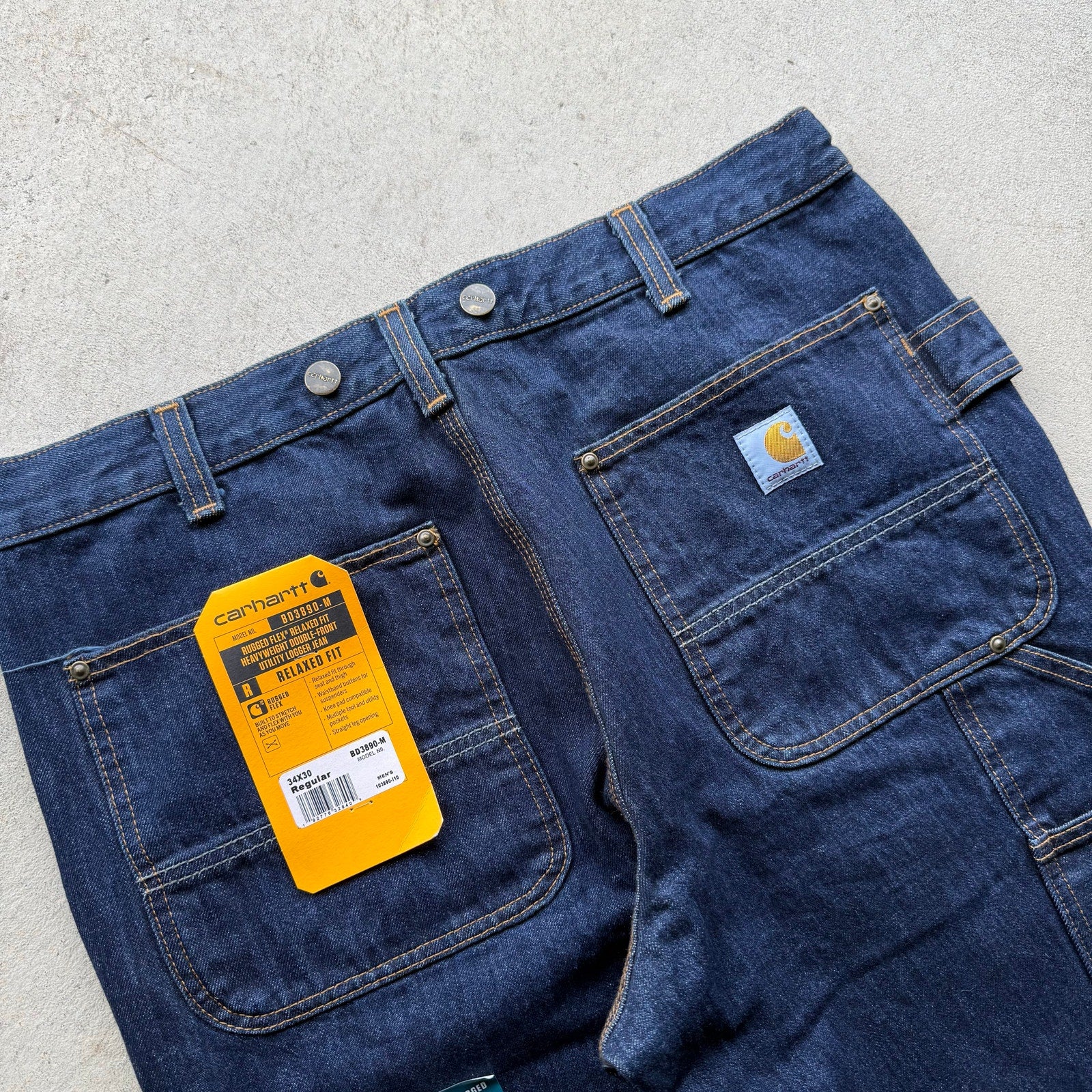 Mens Deadstock Raw Denim Dark Double Knee Workwear Denim Pants 34 x 30