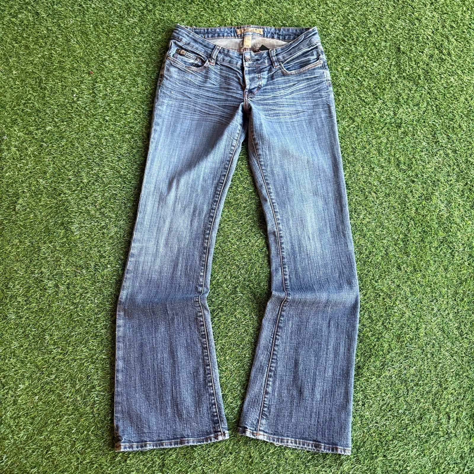 Y2K WOMENS DESIGNED FLARE DENIM JEANS 9 30 x 32