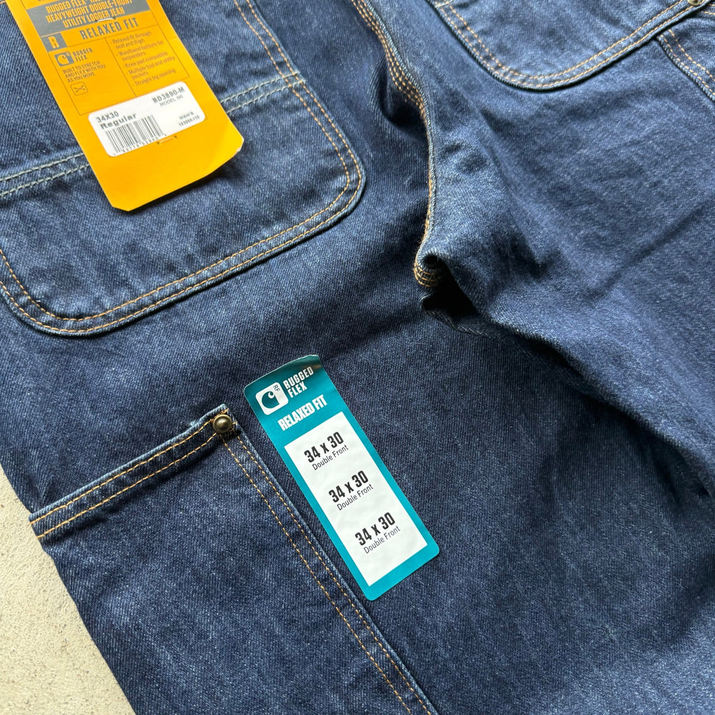 Mens Deadstock Raw Denim Dark Double Knee Workwear Denim Pants 34 x 30