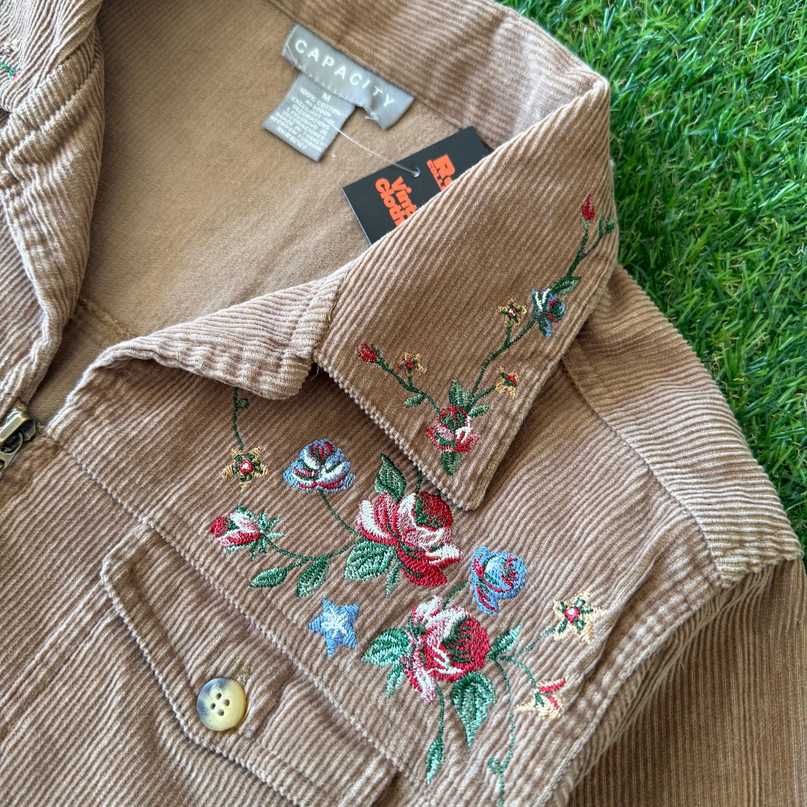 Vintage Womens Cordorouy Flower Zip Up Jacket M