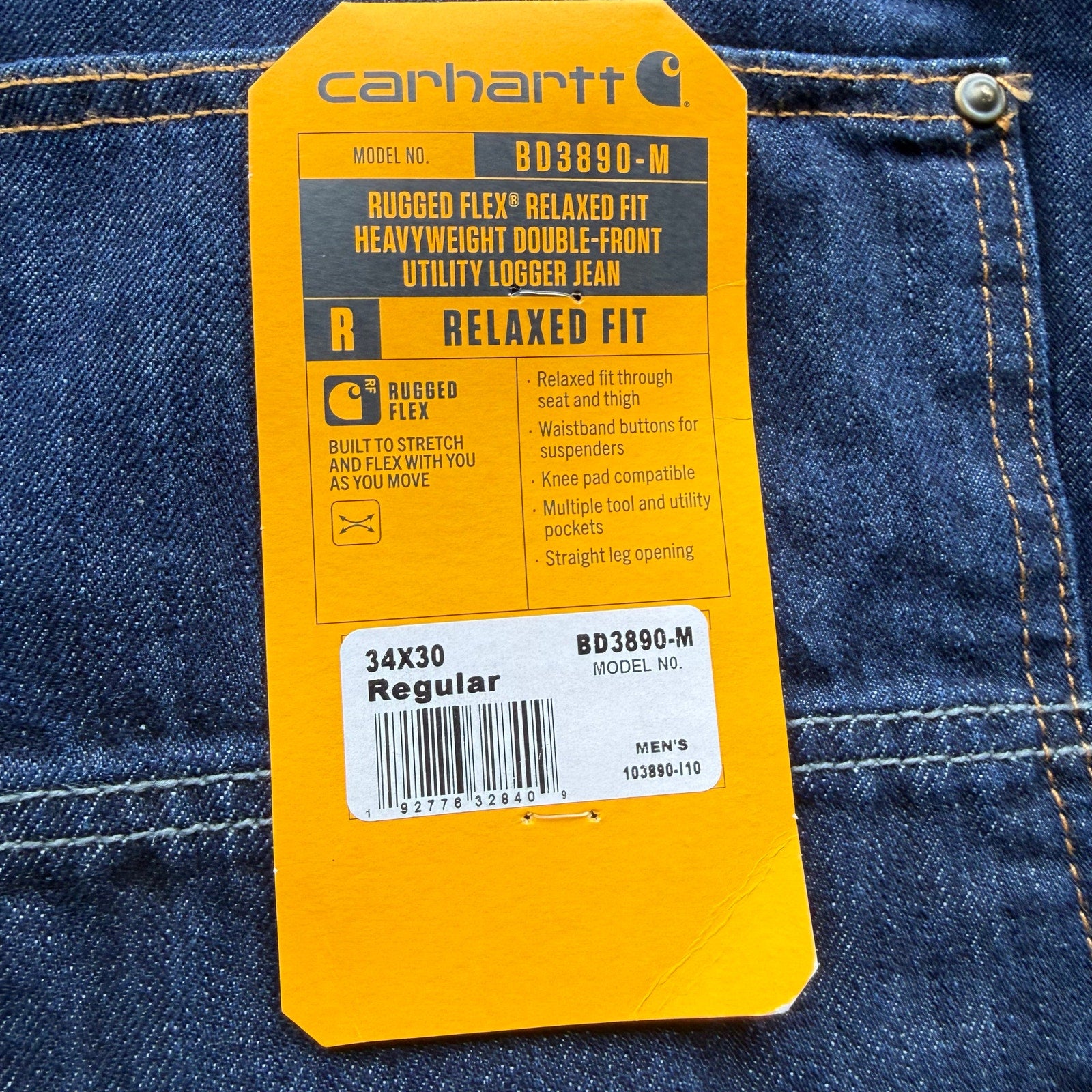 Mens Deadstock Raw Denim Dark Double Knee Workwear Denim Pants 34 x 30