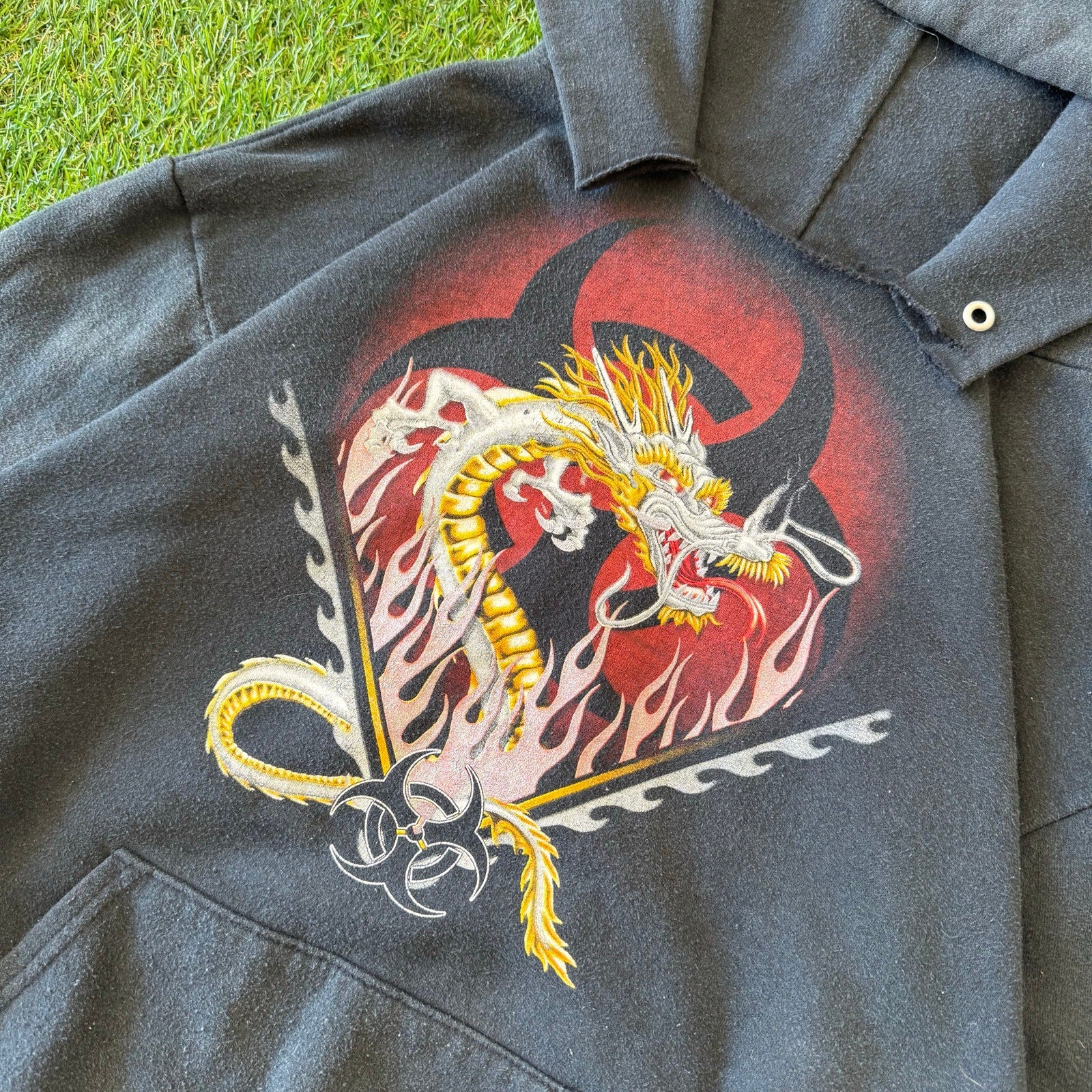 Y2K Mens Black Dragon Flame Jerzees Hoodie M