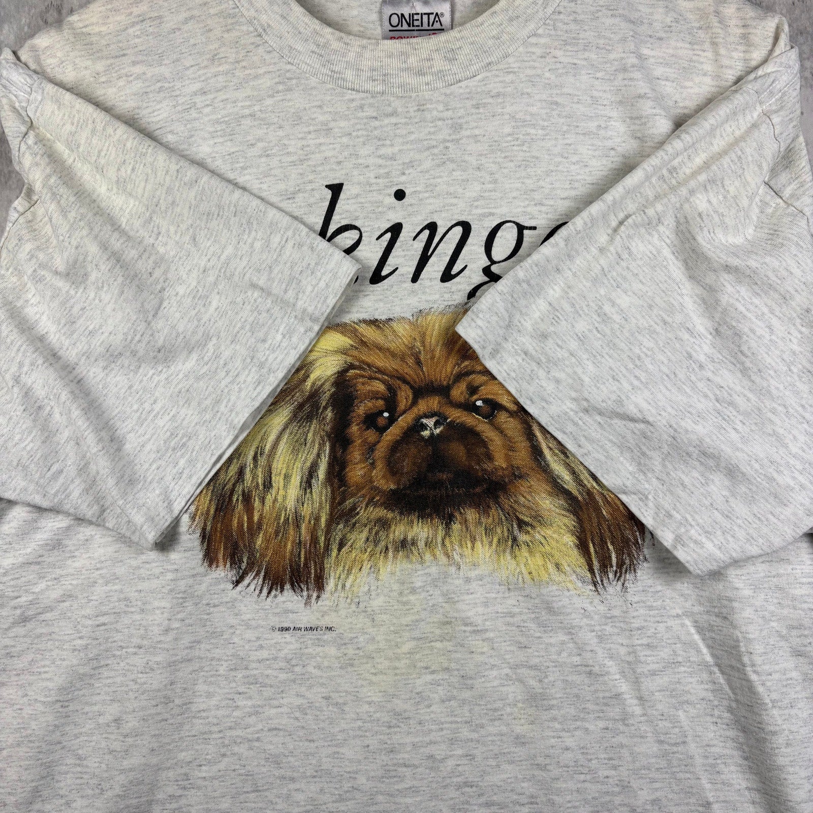 1990 Single Stitch Vintage Pekingese Heather White Dog Tee X-L