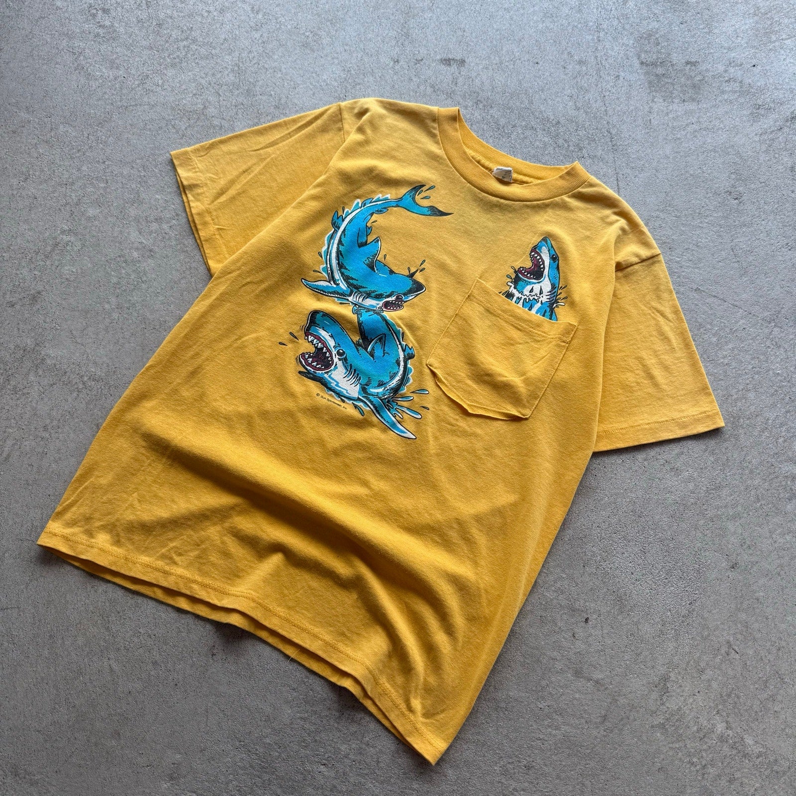 90s Mens Yellow Sun Sportswear Fire Shark Pocket Tee X-S