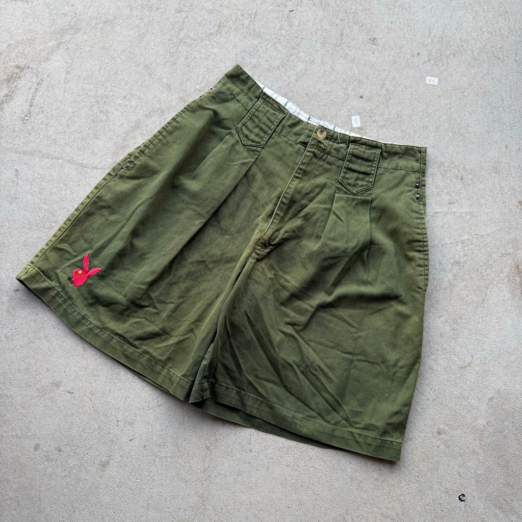 Y2K Women's Baggy Green Faded Pleated Playboy Shorts 26
