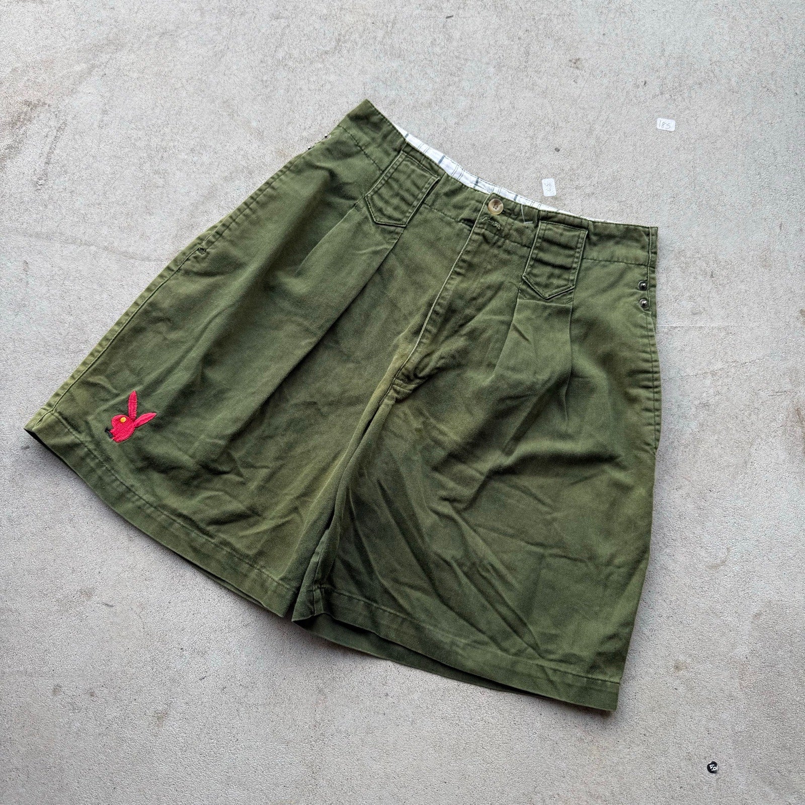 Y2K Women's Baggy Green Faded Pleated Playboy Shorts 26