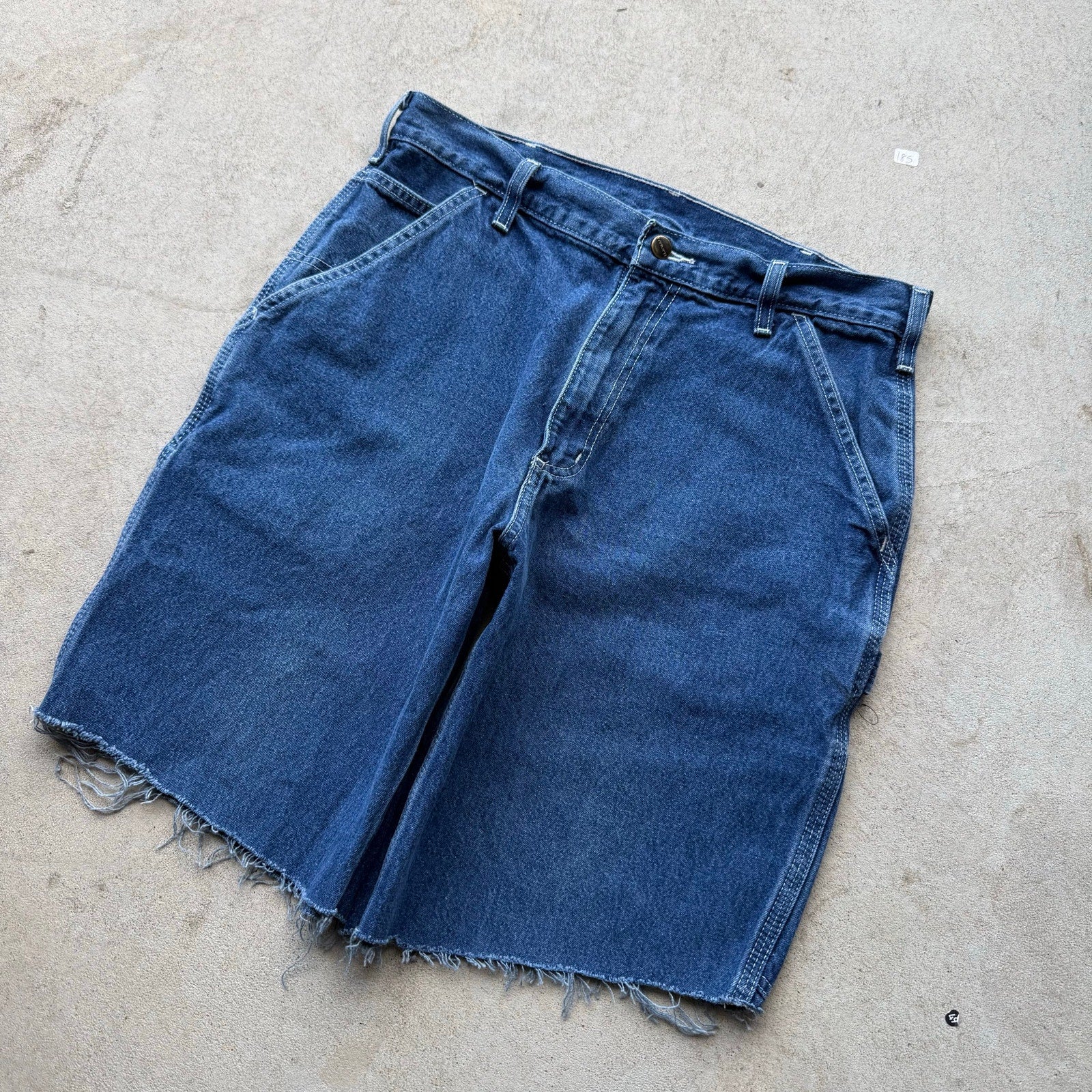 Y2K Mens Leather Patch Carhartt Carpenter Baggy Blue Distressed Jorts 33