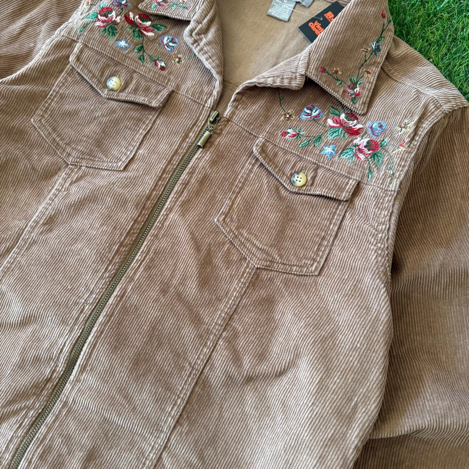 Vintage Womens Cordorouy Flower Zip Up Jacket M