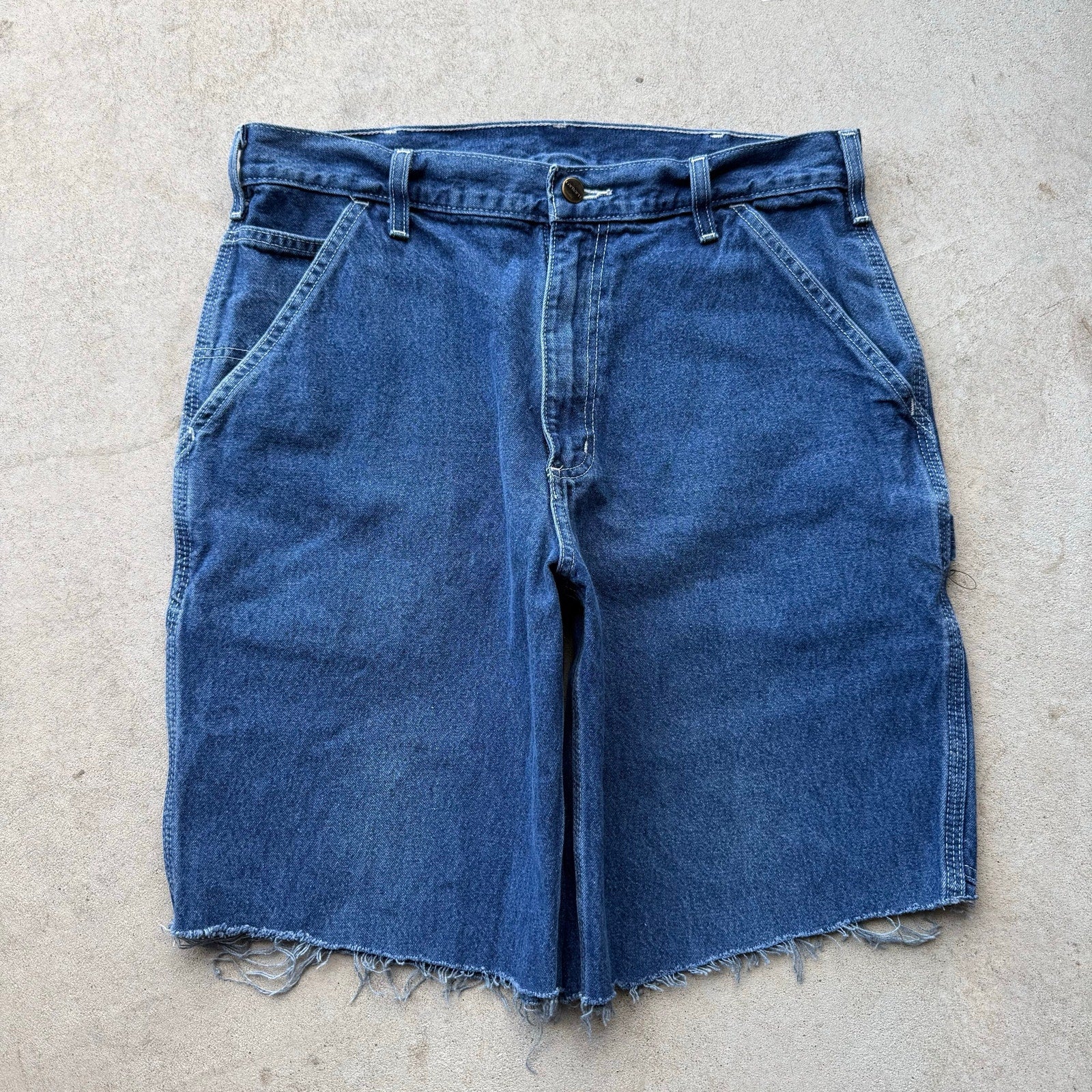 Y2K Mens Leather Patch Carhartt Carpenter Baggy Blue Distressed Jorts 33