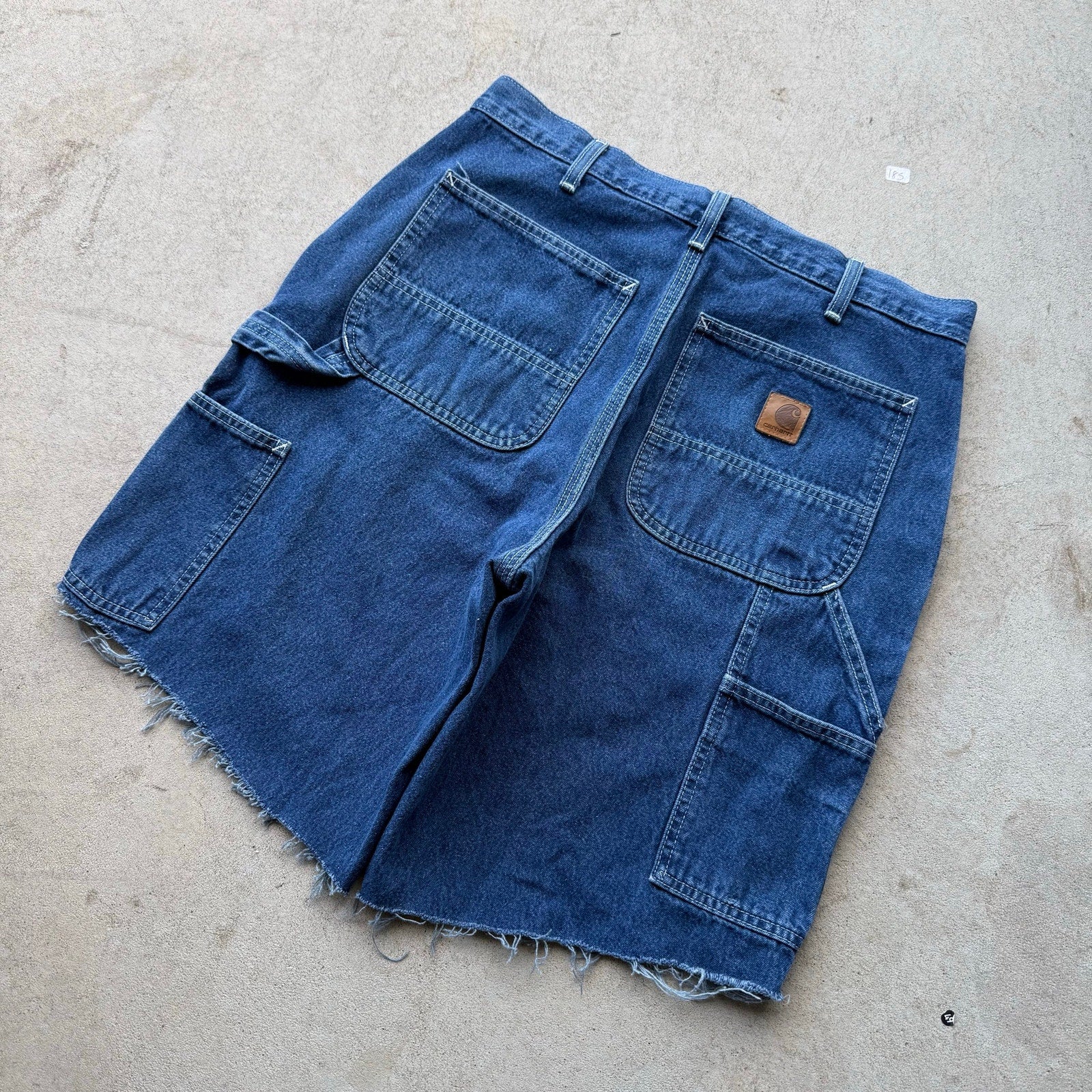 Y2K Mens Leather Patch Carhartt Carpenter Baggy Blue Distressed Jorts 33