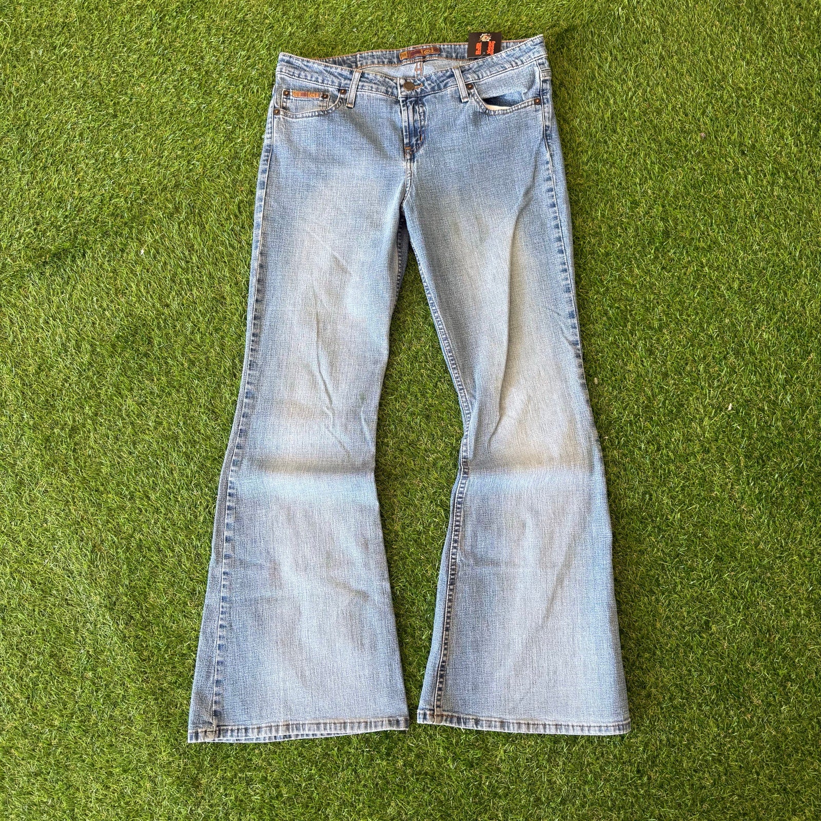 Y2K Crazy Womens Lei Flared Blue Jeans 34 x 30