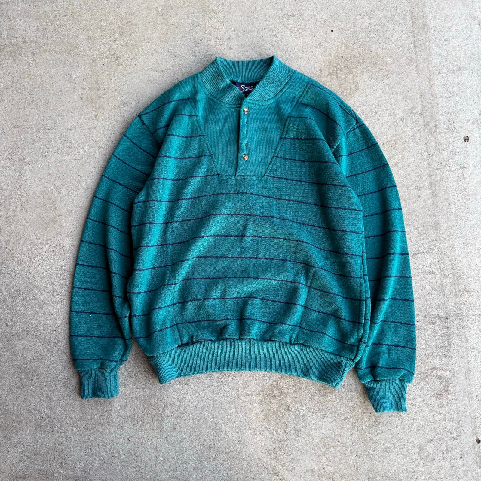 90S STATS BLUE LINED QUARTER BUTTON SWEATER X-L