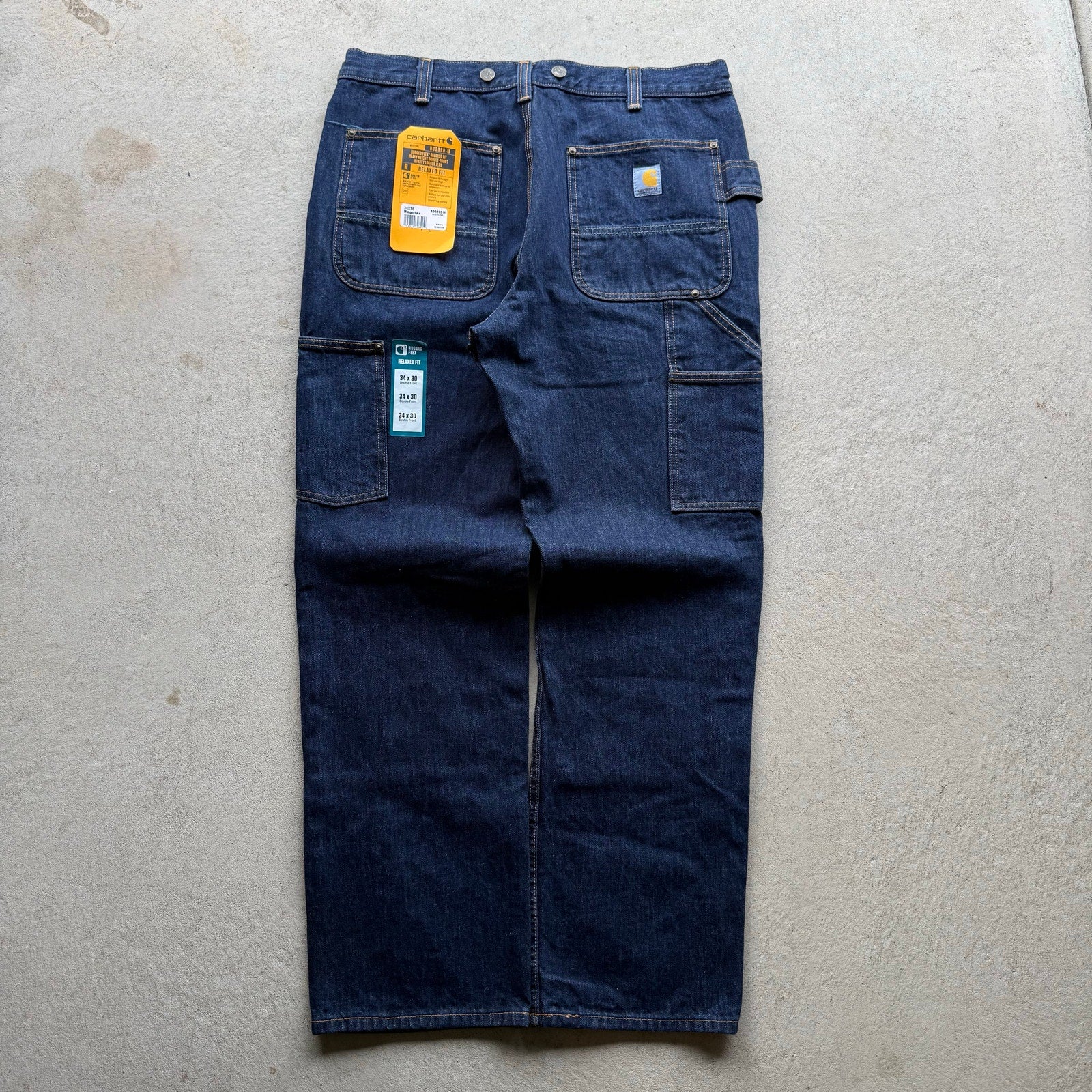 Mens Deadstock Raw Denim Dark Double Knee Workwear Denim Pants 34 x 30