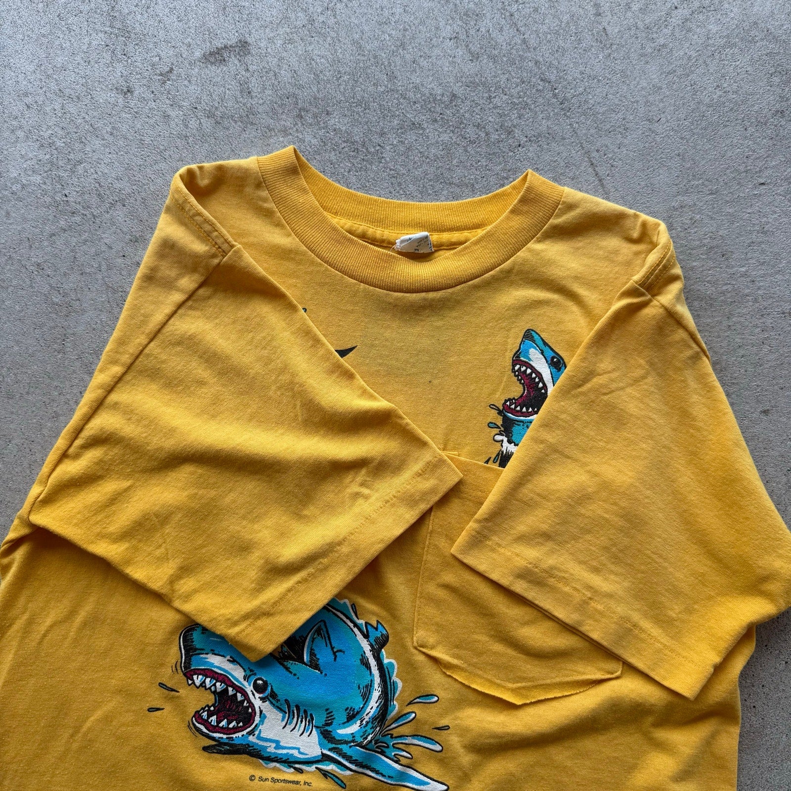 90s Mens Yellow Sun Sportswear Fire Shark Pocket Tee X-S