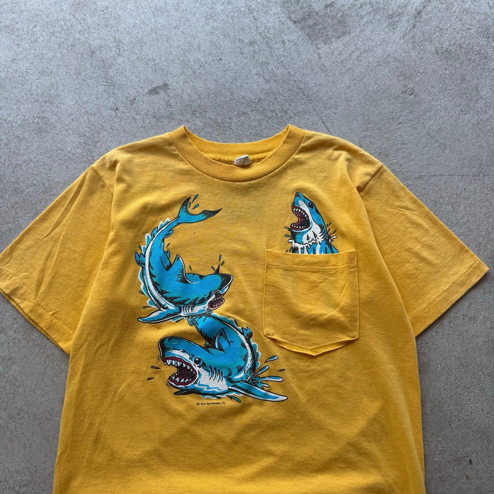 90s Mens Yellow Sun Sportswear Fire Shark Pocket Tee X-S