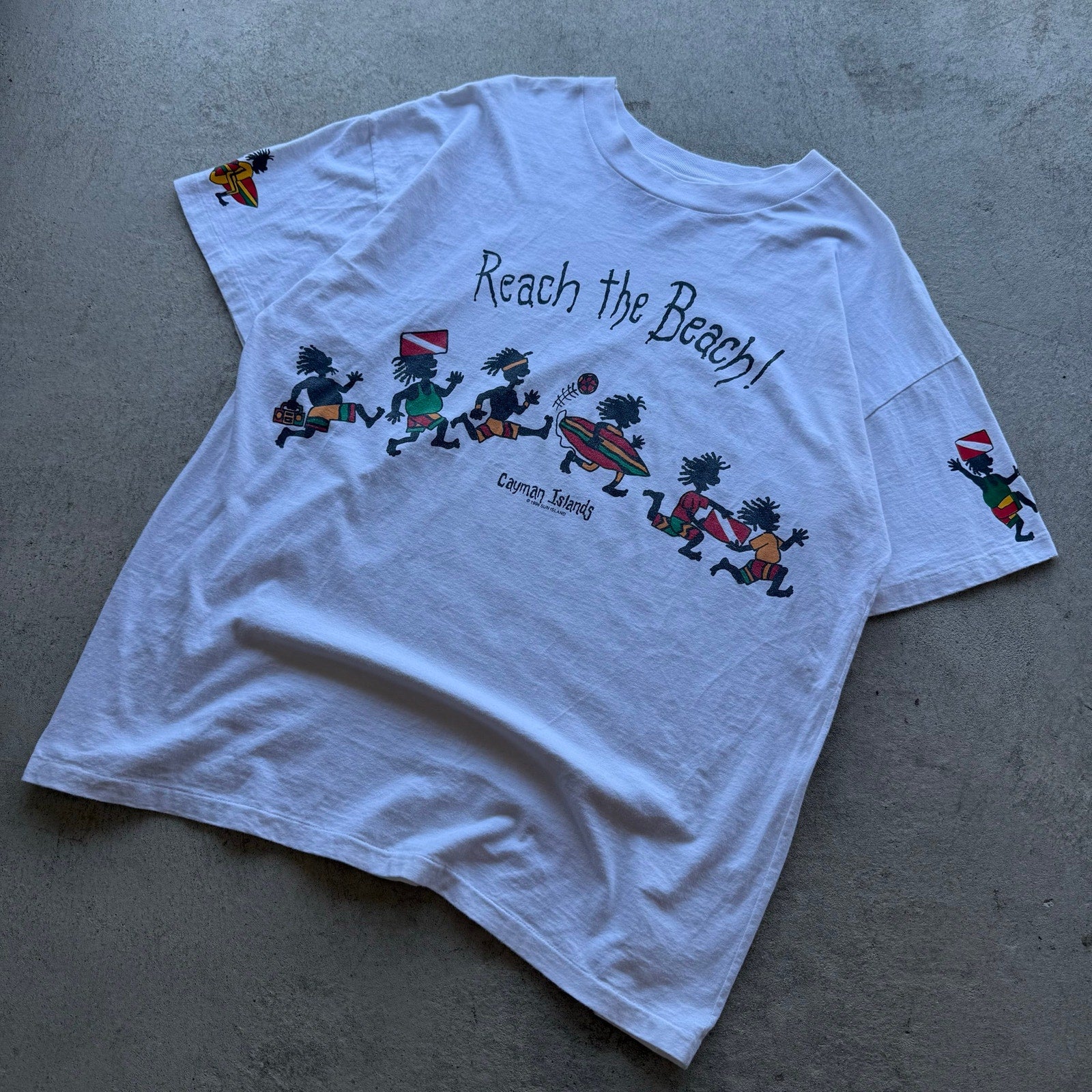1996 Mens Cayman Islands "Reach The Beach!" Insanely Cool Wrap Around Tee XX-L