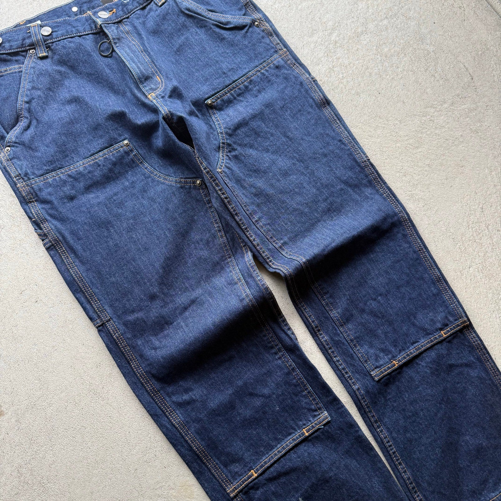 Mens Deadstock Raw Denim Dark Double Knee Workwear Denim Pants 34 x 30