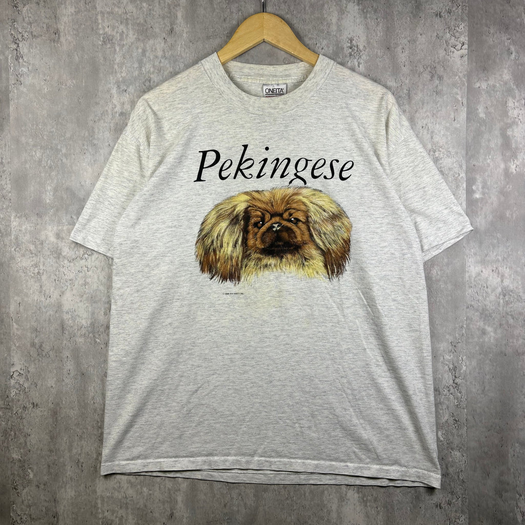 1990 Single Stitch Vintage Pekingese Heather White Dog Tee X-L