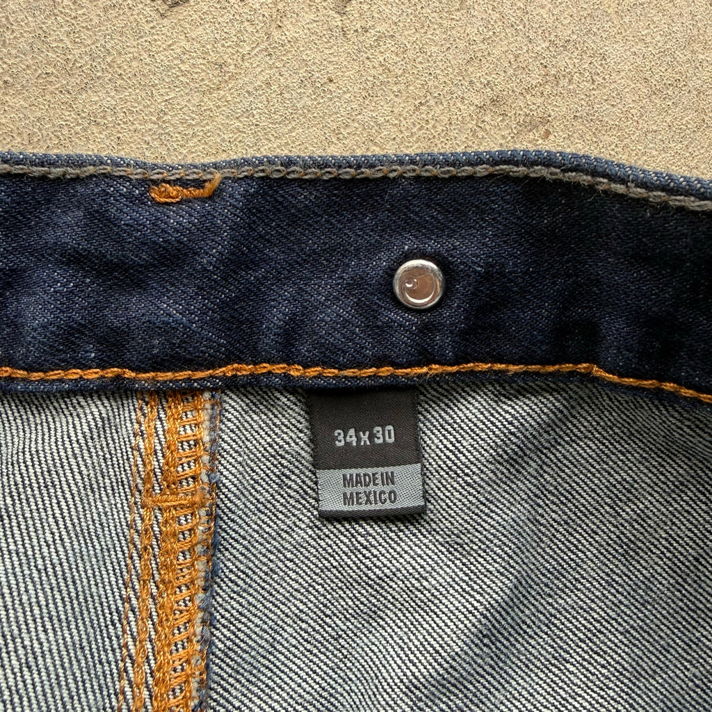 Mens Deadstock Raw Denim Dark Double Knee Workwear Denim Pants 34 x 30