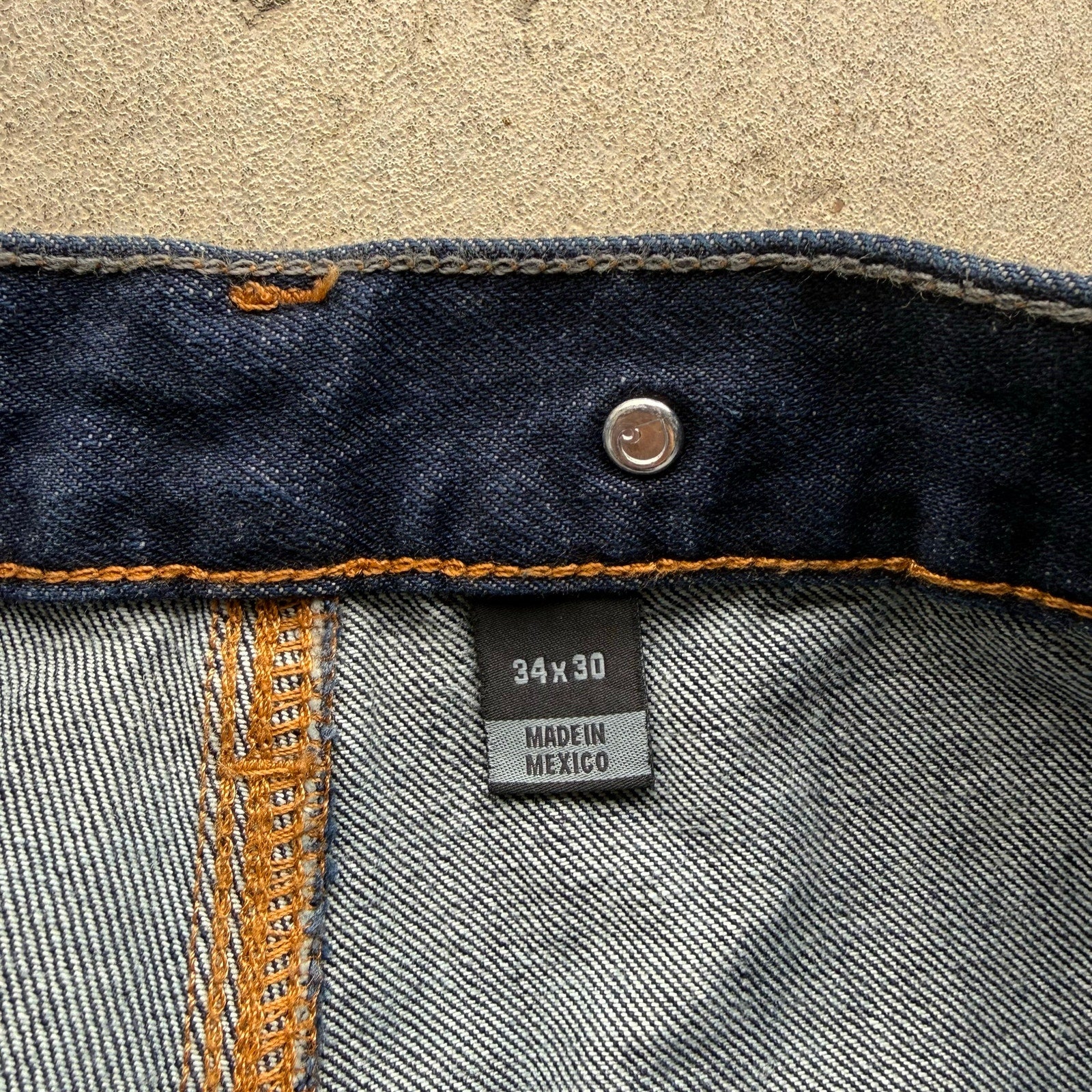 Mens Deadstock Raw Denim Dark Double Knee Workwear Denim Pants 34 x 30
