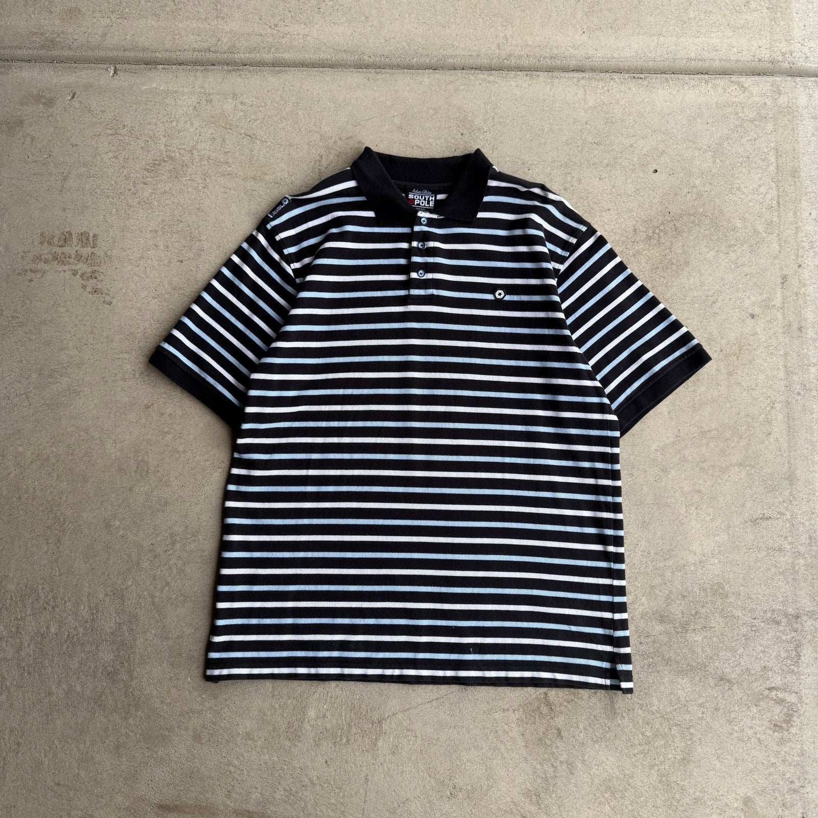 Y2K SOUTHPOLE MENS BLUE SKATE STRIPED POLO X-L